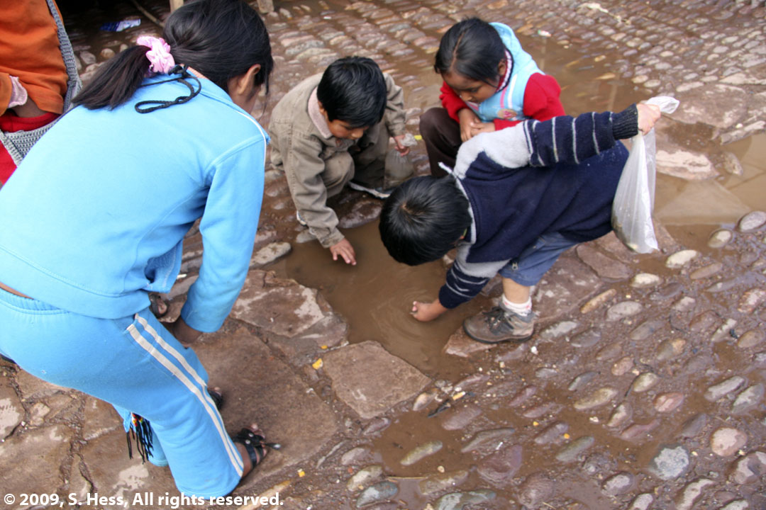Kids playing with live fish in the Pisac Market